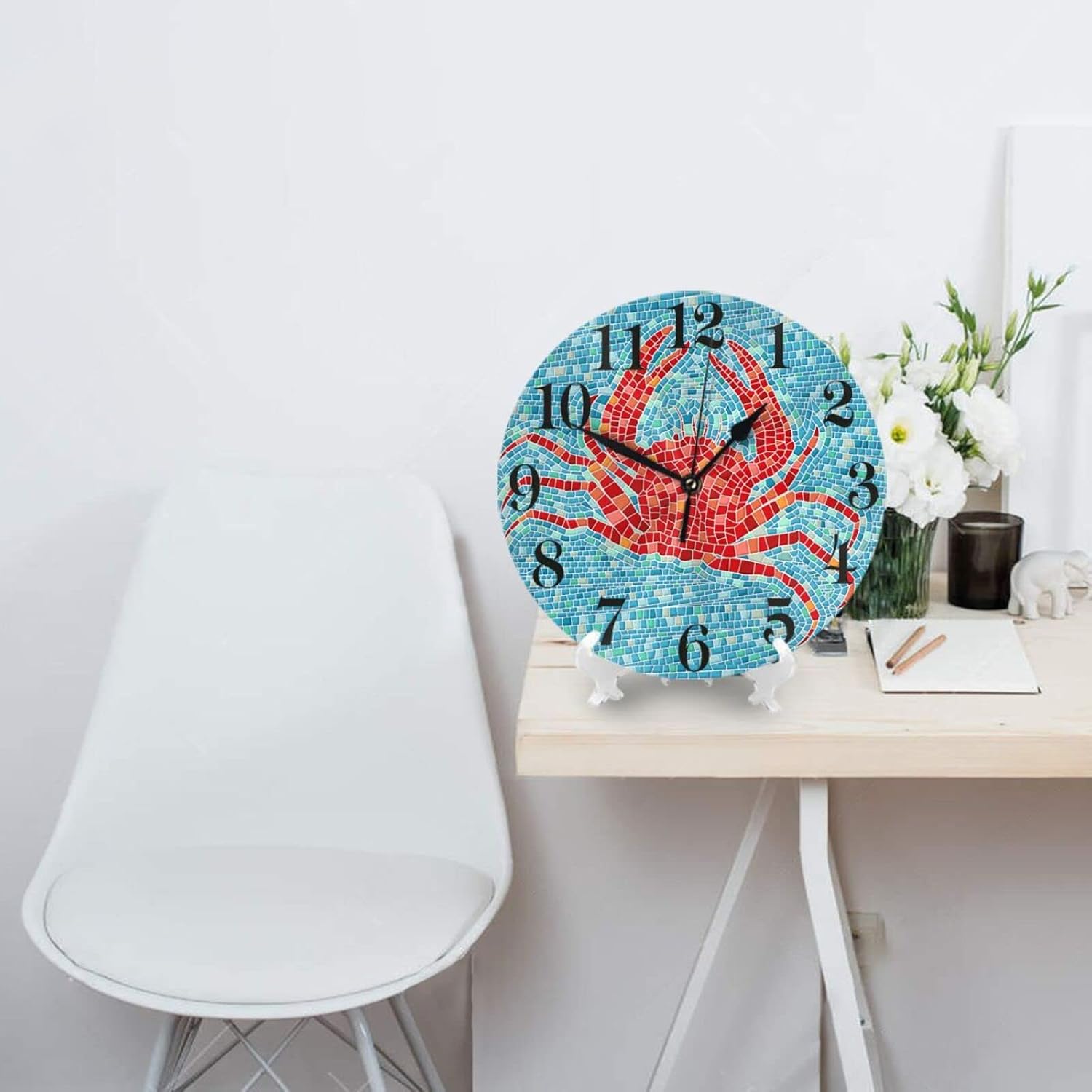 Ocean Crab Wall Clock Battery Operated Silent Round Clock Wall Decor for Home Office School, 12 Inch