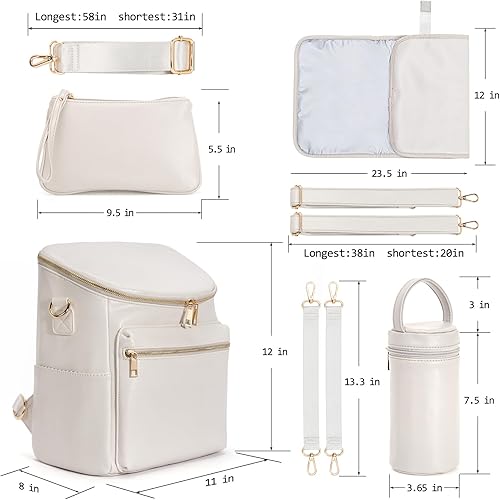 Miniatura 3 de Minsong Mochila para pañales, mochilas de cuero de moda para mamá, bolsas de pañales de viaje para bebé con organizador y cambiador, Blanco perla,