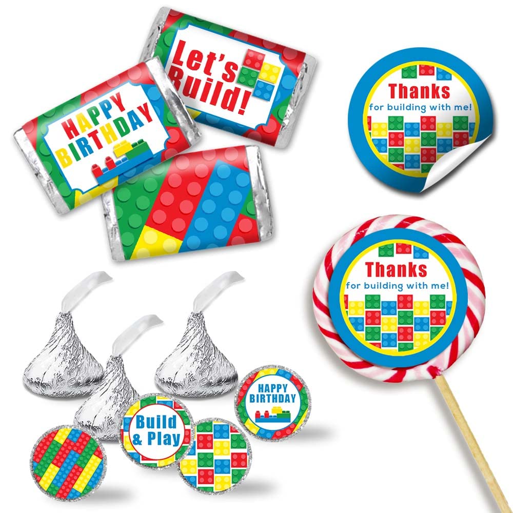 Building Blocks & Bricks Birthday Party Sticker Bundle Kit - 429 Pieces - Includes 60 2" Circle Stickers for Favors & Goodie Bags, 45 Mini Candy