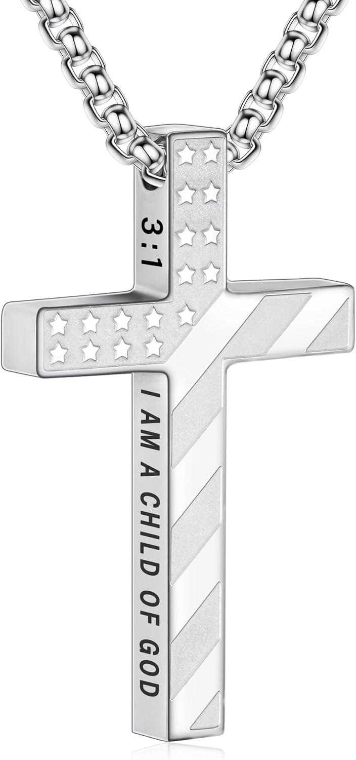Cross Necklace for Men Boys, 316L Stainless Steel Chain Pendant Bible Verse Religious Christian Christmas Jewelry Gifts 22+2 Inches