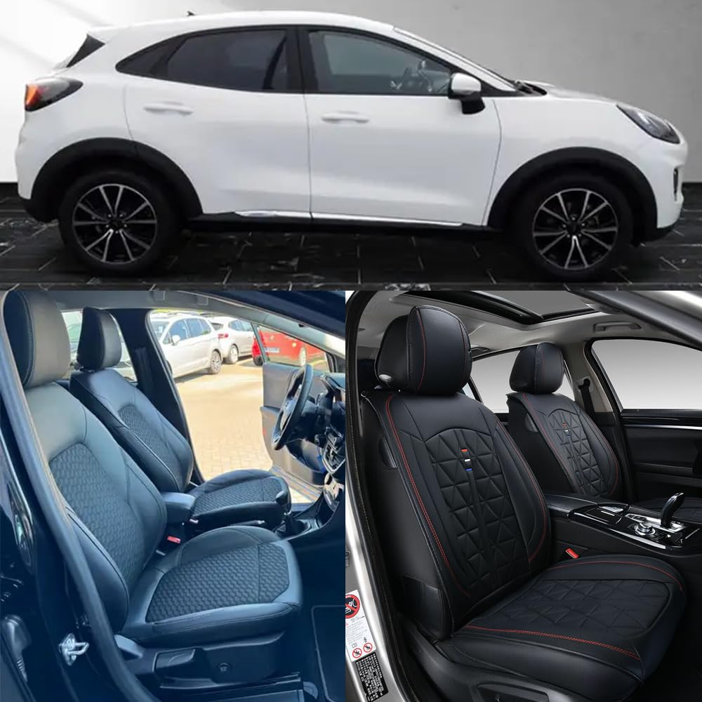 Autositzbezüge Auto Vordersitz 2 PCS Set Für Ford Puma Autositzbezüge Leder ，Komfortabel Wasserfest Verschleißfest Atmungsaktiv Schwarz