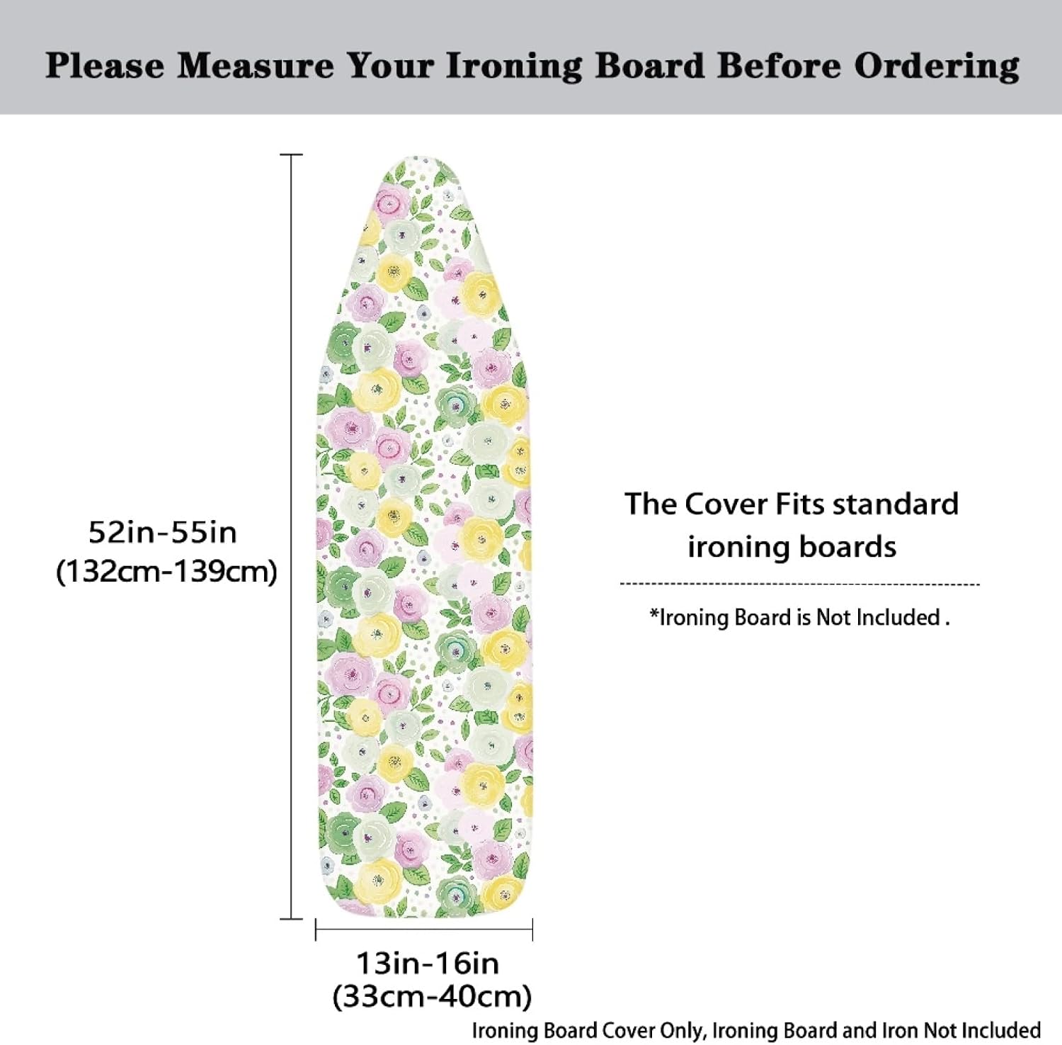 Flowers Ironing Board Cover,16"x55" Standard Ironing Board Cover with Elastic Edge and Hook and Loop Fasteners, Scorch & Stain Resistant, Polyester Home Ironing Board Covers, Old Time Floral