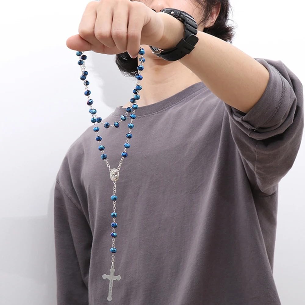Accesorios 925 Collar de Rosario religioso de Plata esterlina para Mujeres y Hombres - 1pc Cross Cross Rosary Beads Pendants Collar de Cuentas de Cristal Redondo religioso, Virgen María Jesús Costa
