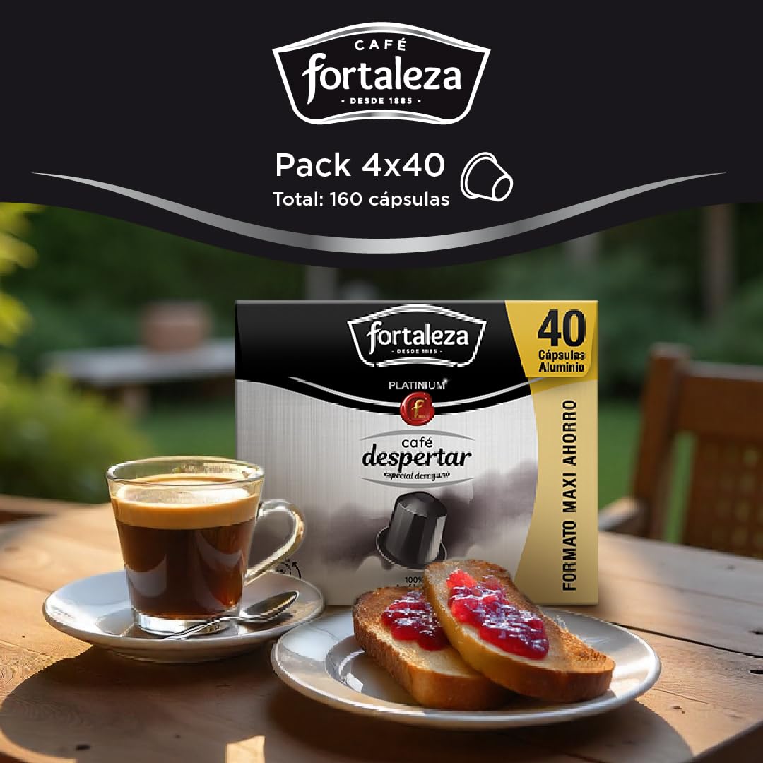 Café Fortaleza Platinium, Cápsulas Compatibles con Nespresso, de Aluminio, Sabor Despertar, Especial Desayuno, 100% Arábica, Tueste Natural, Pack 4x40 - Total 160 uds