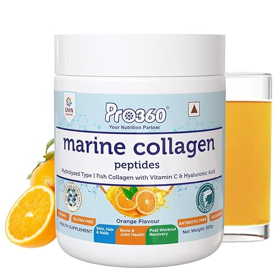 Pro360 Marine Collagen Peptides Powder for Healthy Skin, Hair, Nails, Bone, Joint, Post workout Recovery - Hydrolyzed Type 1 Fish Collagen for Men and Women - Orange flavor 200g (Pack of 1)