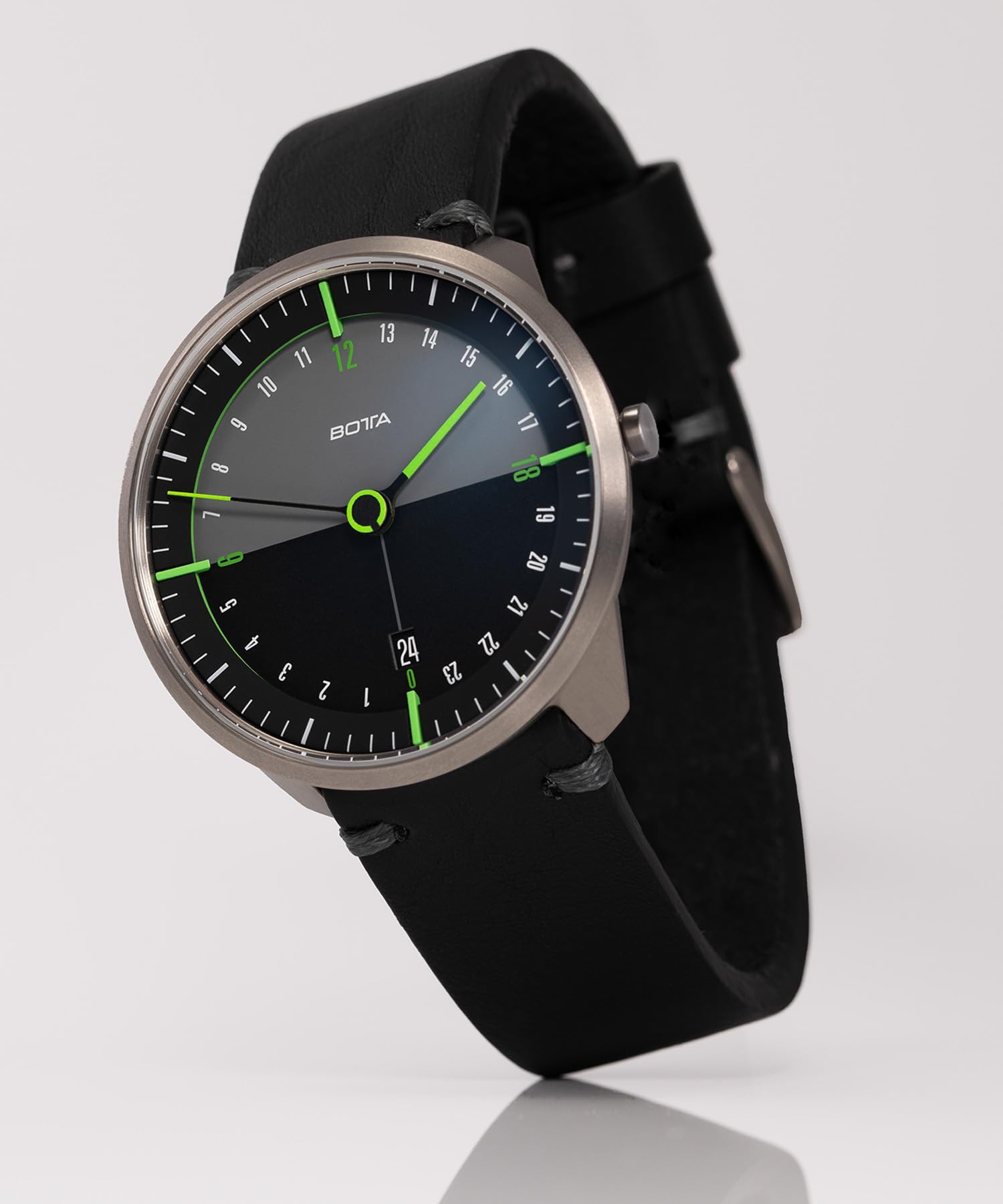 botta Męski zegarek 24-godzinny szwajcarski mechanizm kwarcowy ze skórzanym paskiem TRES 24 (40 mm, czarny/zielony), czarny/zielony, Pasek