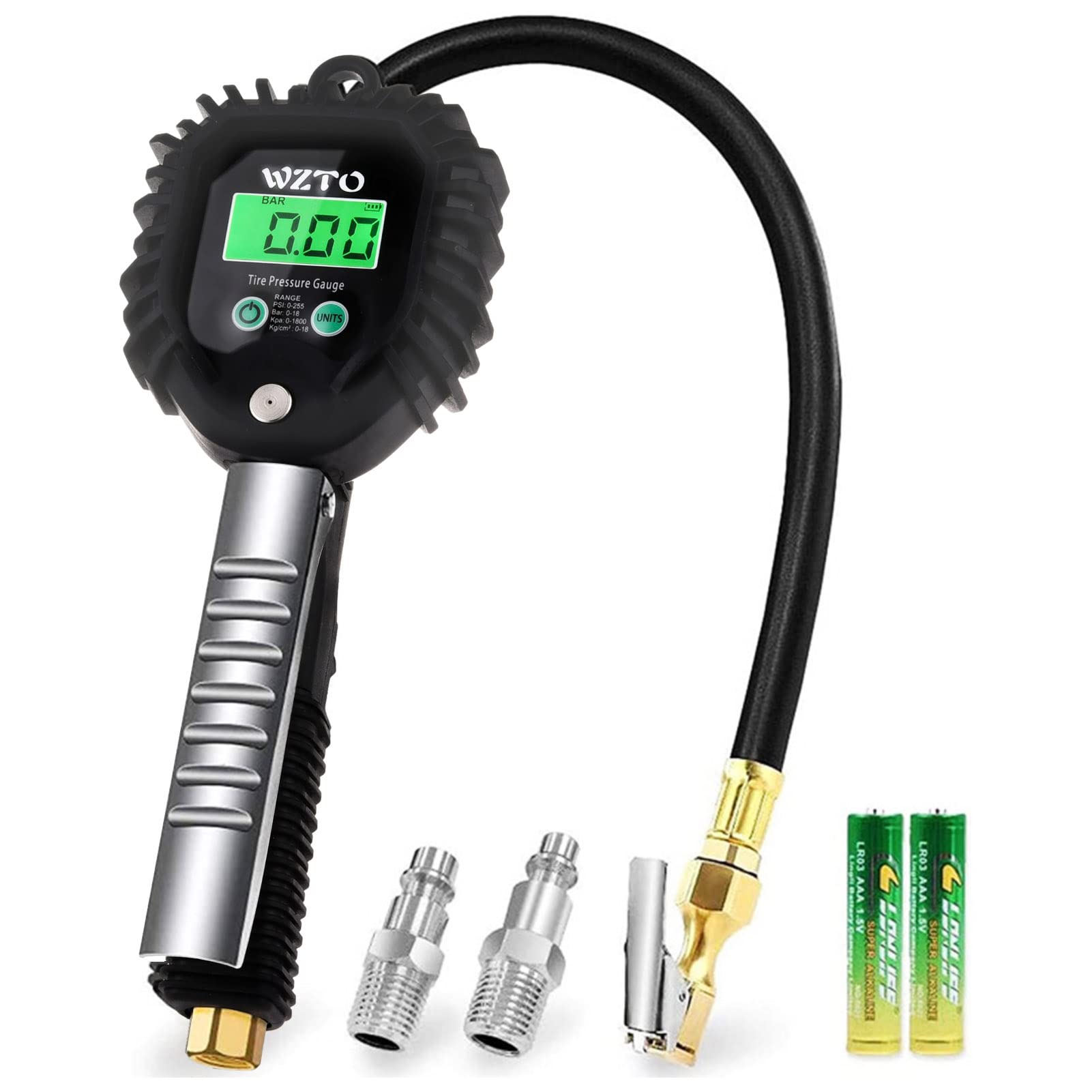 WZTO Manometro Pressione Gomme Professionale, 255 PSI Alta Precisione Manometro Pneumatici Auto Digitale con Schermo LCD Retroilluminato Pistola Gonfiaggio Pneumatici per SUV, Camion, Bici, Moto, MTB