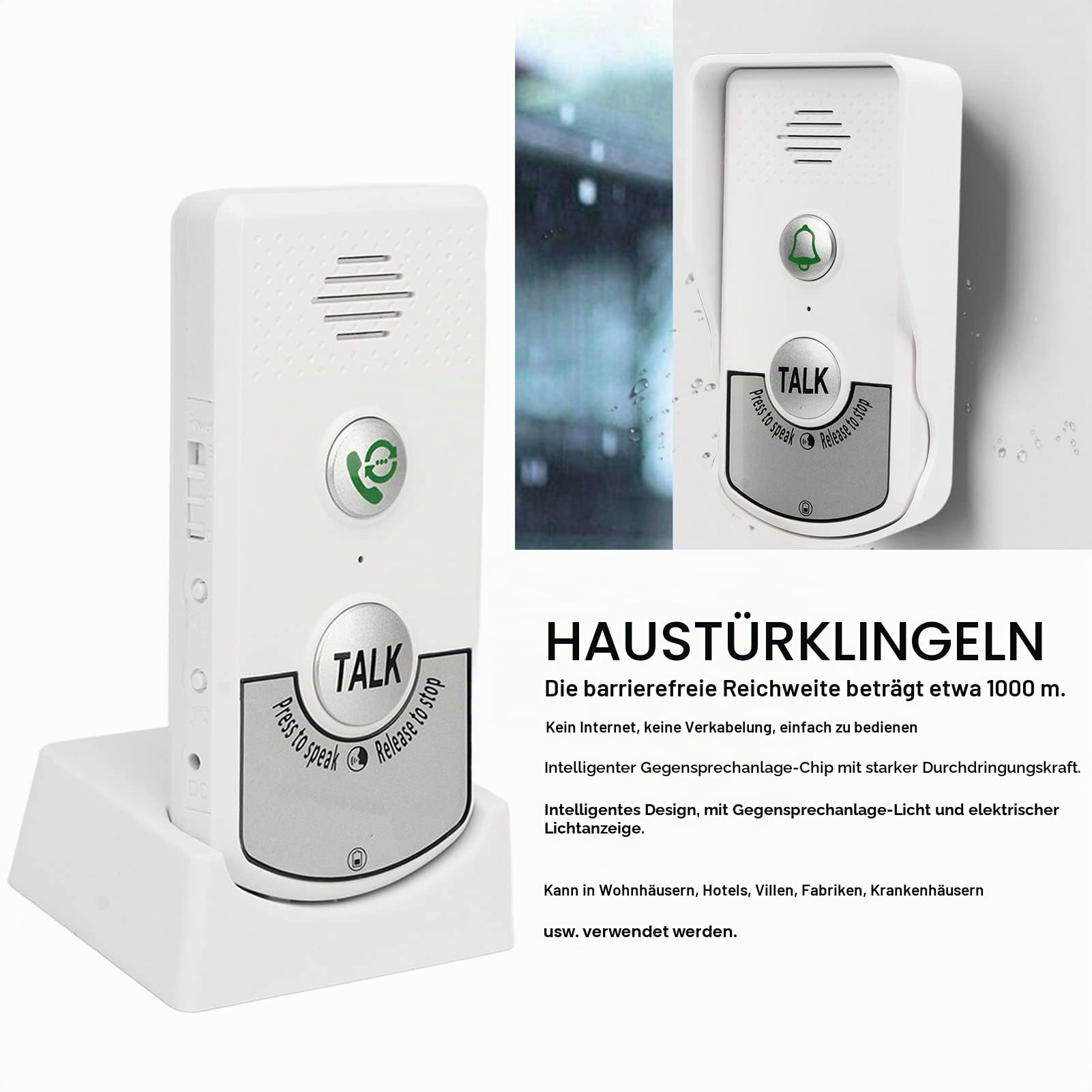 Funk-Gong, Gegensprechanlage, Rufgong-Set, Eingangstürklingel, Wasserdicht, Staubdicht, Kabellos, 1000 M Kabellose Reichweite, 2 Empfänger, 1 Sender