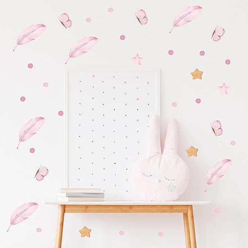 Miniatura 2 de sacinora - 6 hojas de 72 calcomanías de pared de plumas rosadas, diseño de estrellas y mariposas de plumas rosas, calcomanías de pared de lunares