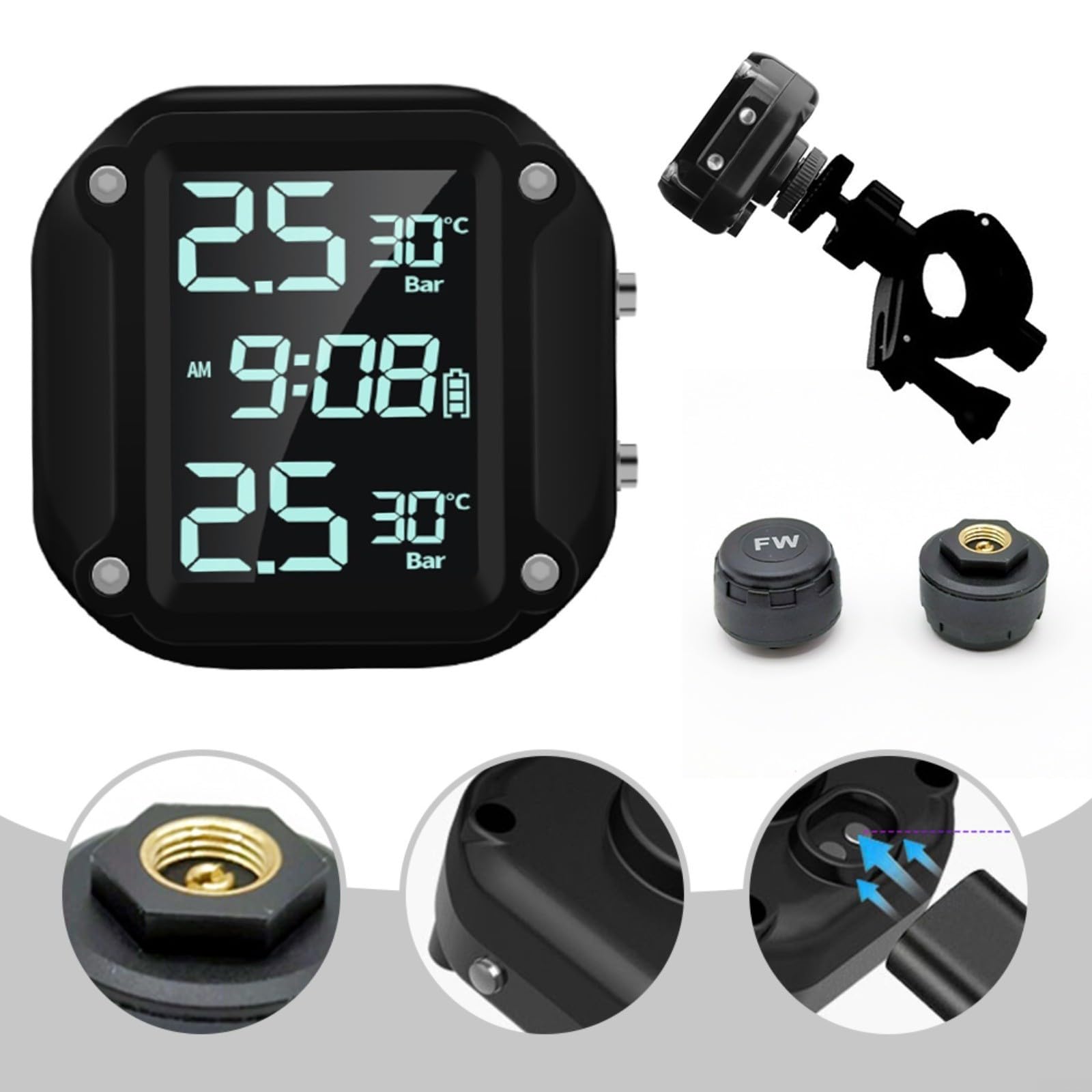 FUBESK Monitoraggio della pressione dei pneumatici, TPMS wireless per moto, monitoraggio in tempo reale, monitor della pressione dei pneumatici, con display LCD e 2 sensori esterni
