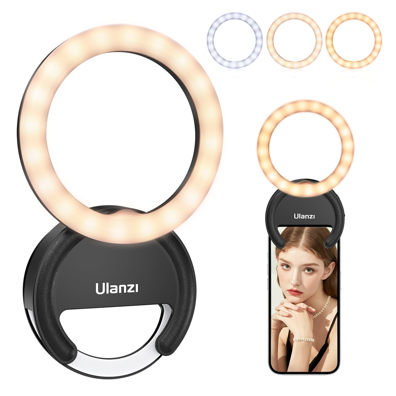 Selfie Ring Light, Ulanzi Rechargeable Selfie Fill Light, 3000-6500K Portable Clip-on Phone LED Ring Light with 40 LEDs for Phone, Laptop, Zoom Meeting, Make up, Camera Video, Video Recording(Black)
