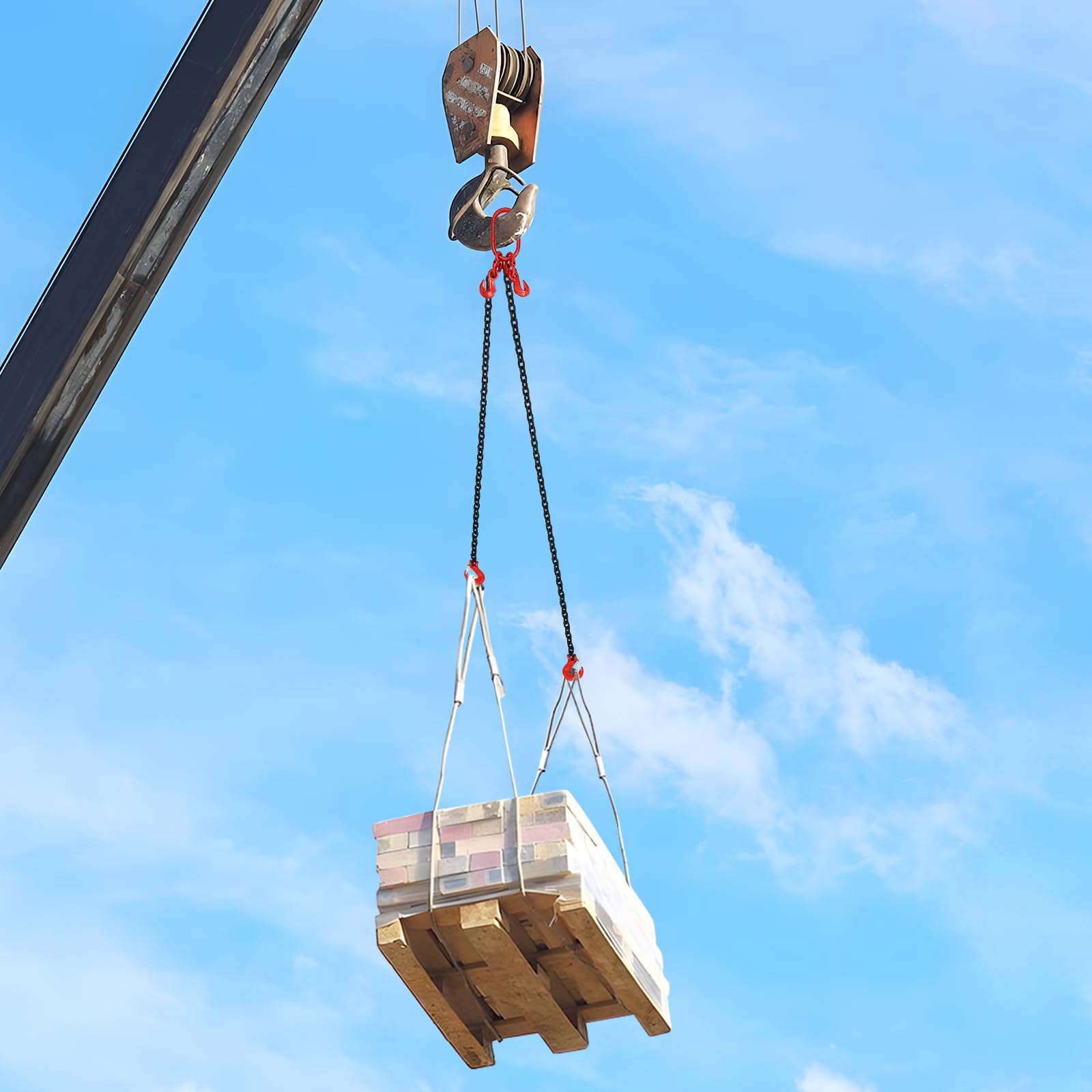 Élingue à Chaîne 2 Tonnes Double Brin, Chaîne de Levage 2m Alliage Acier, Sangle de Levage avec Crochets Sécurité, pour Grue Palan Chantier Usine Entrepôt, Charge Max 4409lbs, Forge Rouge Noir