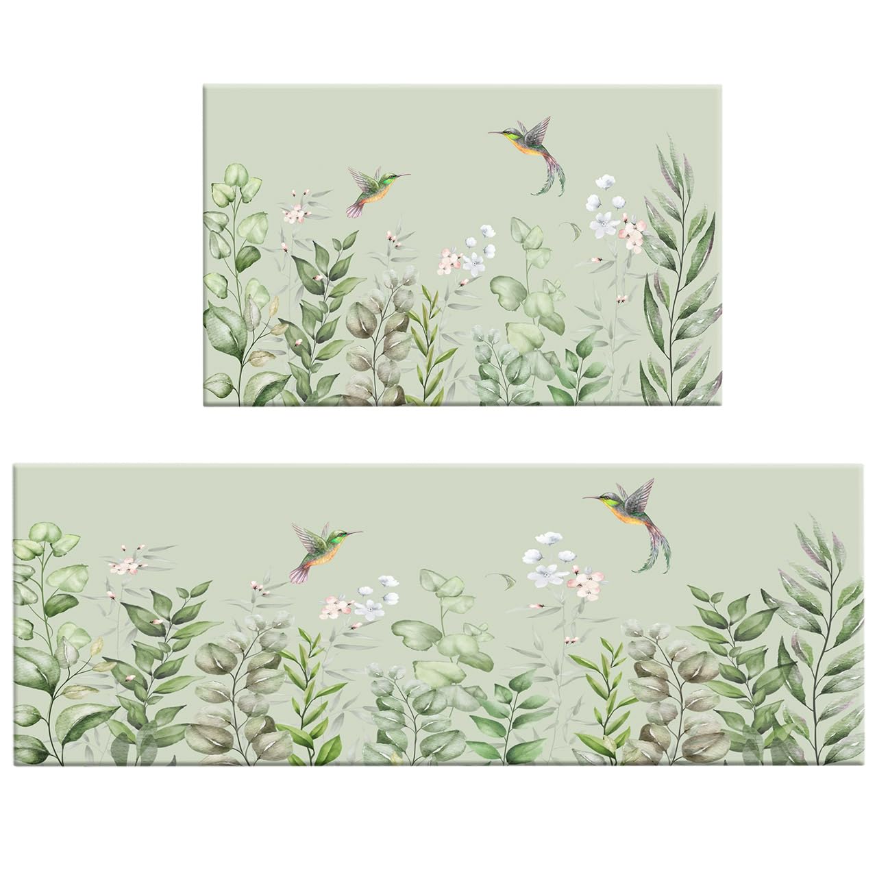 LB Eukalyptus-Küchenmatten für Bodenkissen, Anti-Ermüdung, Küchenmatte, Kolibri auf Salbeigrün, Küchenteppich-Set, rutschfest, waschbar, Küchen-Bodenmatte, 61 x 40,6 cm + 119,4 x 40,6 cm