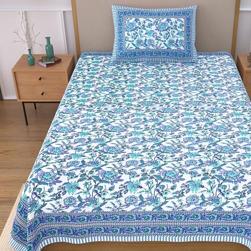 EasyGoods® 100% Pure Cotton Jaipuri Bedsheet with Pillow Covers | Soft & Breathable Fabric | Traditional Floral Print | Cotton Bedsheet (Ocean Blue, Single)