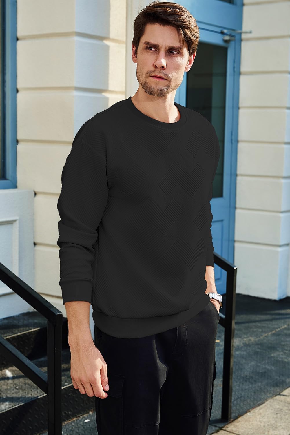 JMIERR Men's Crewneck Sweatshirt Casual Long Sleeve Geometric Texture Sweatshirts Fashion Pullover Shirts - Image 7