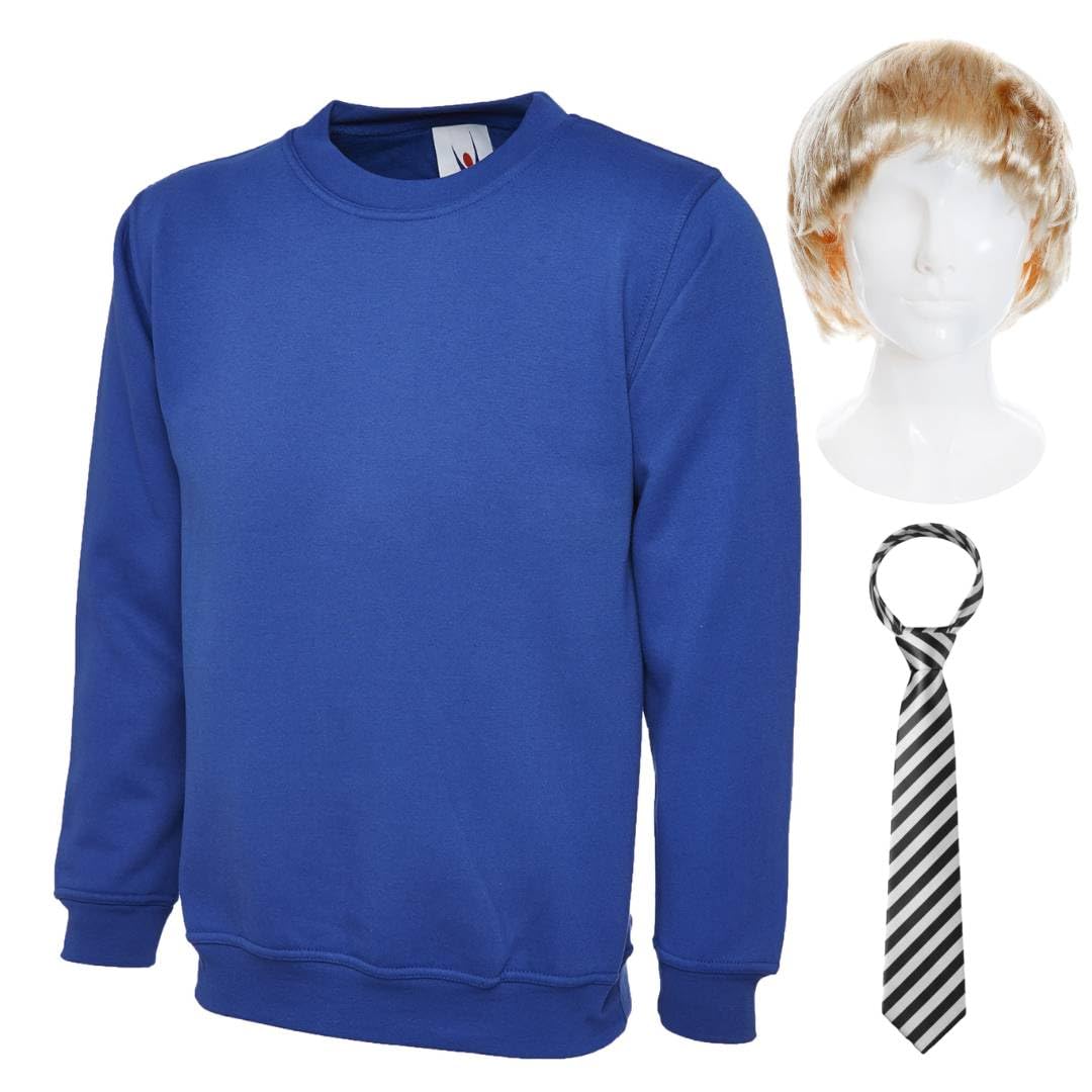 Jay Inbetween Costume For Adults – Blue Jumper, Blonde Wig & Black/White Striped School Tie – Funny TV Show Fancy Dress Duo Outfit for Halloween & Parties
