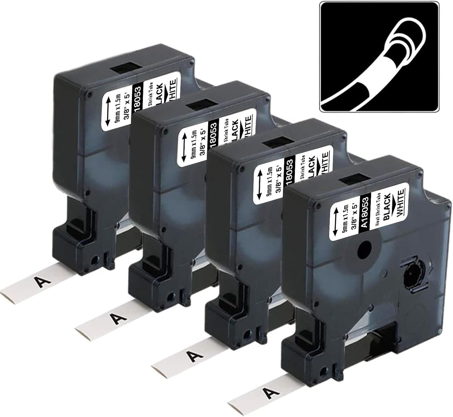 Compatible 18053 Dymo Heat Shrink Tube Labels 9mm Work with DYMO Rhino 4200 5200 5000 6000 Industrial Label Maker, Black on White, 3/8" x 4.9', 4 Pack