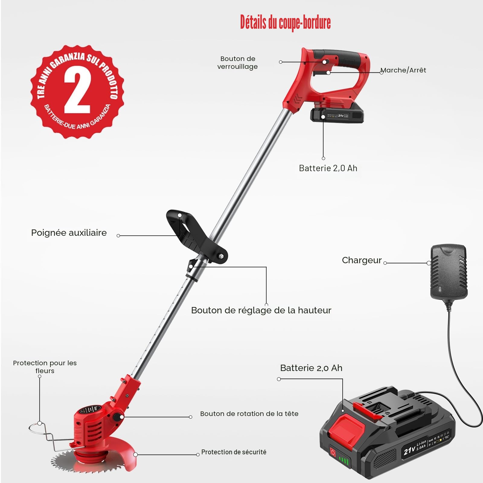 Debroussailleuse Electrique sans Fil, Coupe Bordure sans Fil avec 2 Batterie 21V 2000mAh et 2 Types de Metal Lames, Poignée réglable, Coupe Bordures pour la Coupe de Jardin et Pelouses, Rouge Clair