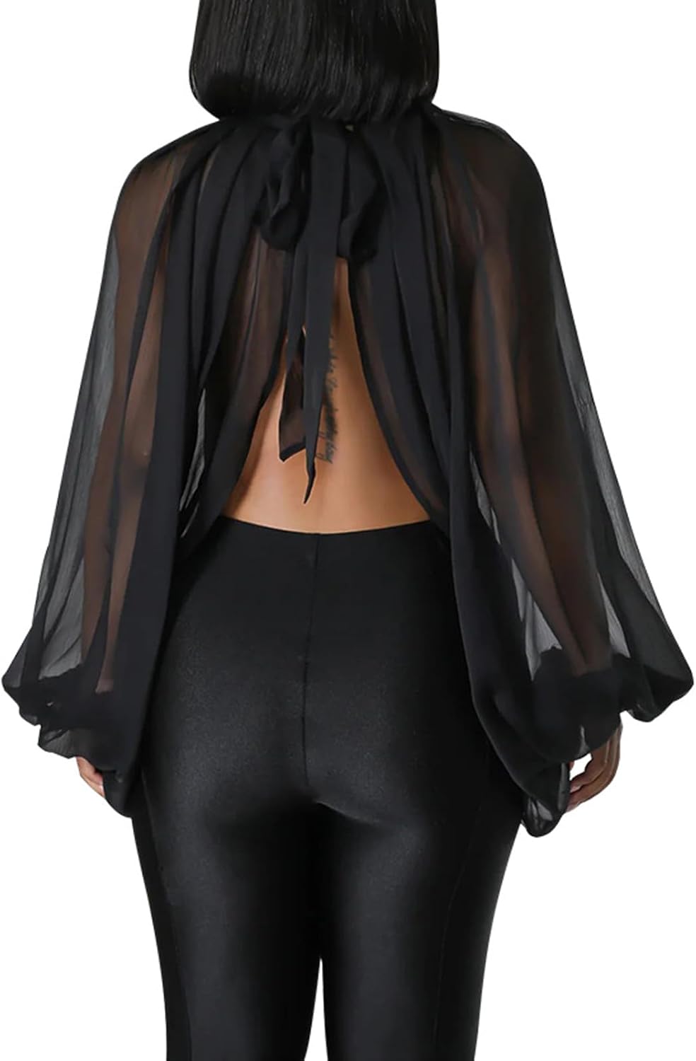 Ophestin Womens Print Sexy Open Back Sheer Chiffon Balloon Sleeve Shirt Blouse Tops Coverup - Image 2