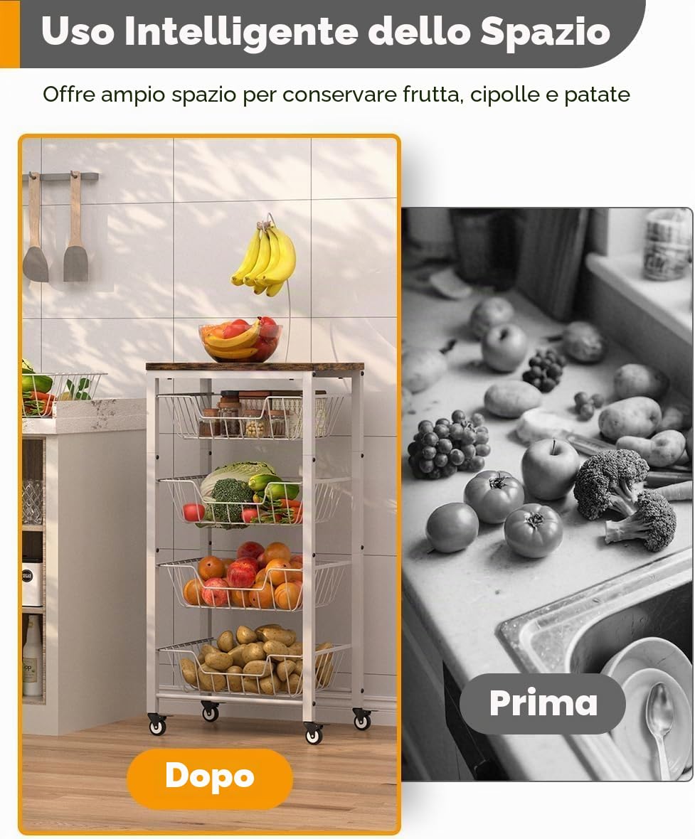 Garbuildman Carrello portaoggetti da cucina a 5 ripiani con cestini estraibili, organizer per frutta e verdura con piano in legno e supporto per banane, per dispensa, soggiorno, bagno, bianco