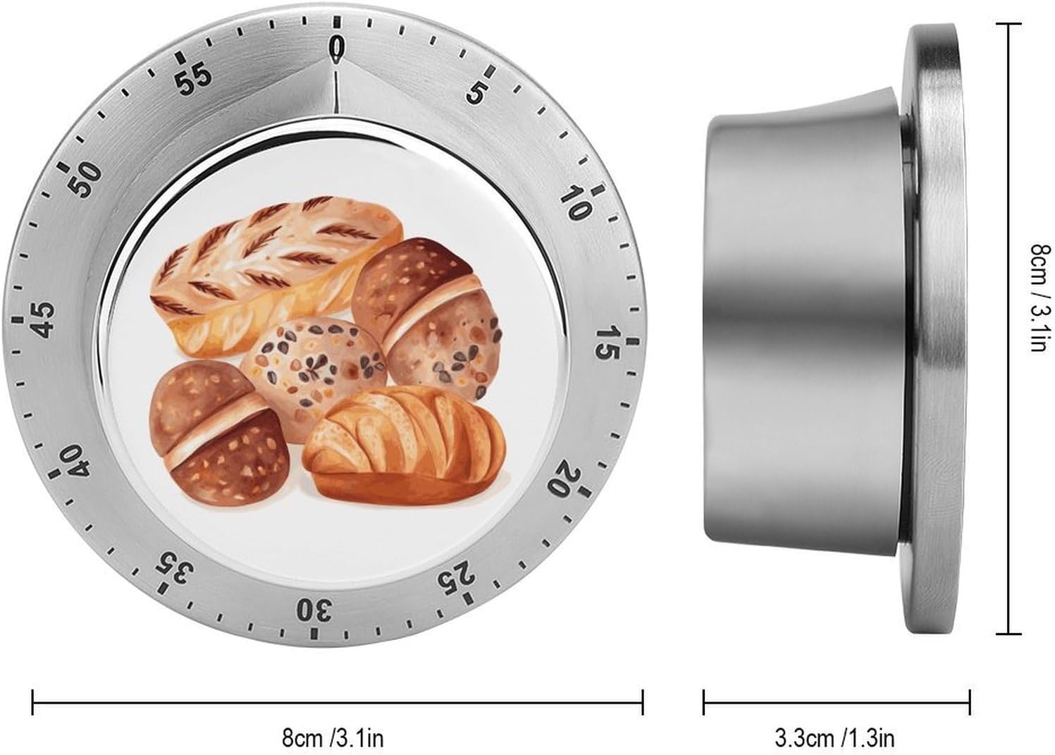 Painted Bread Stainless Steel Timer, Kitchen Timer with Magnetic Base, Countdown Timers for Gym, Office, Cooking, Baking, Jogging