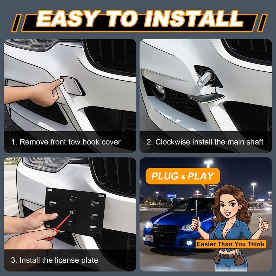 Drill Free Front Tow Hook License Plate Relocator for Volkswagen Golf GTI MK5 06-09 Jetta No Blocking Sensor Tow Eye Offset Increase Horsepower AXECO® Auto Pro
