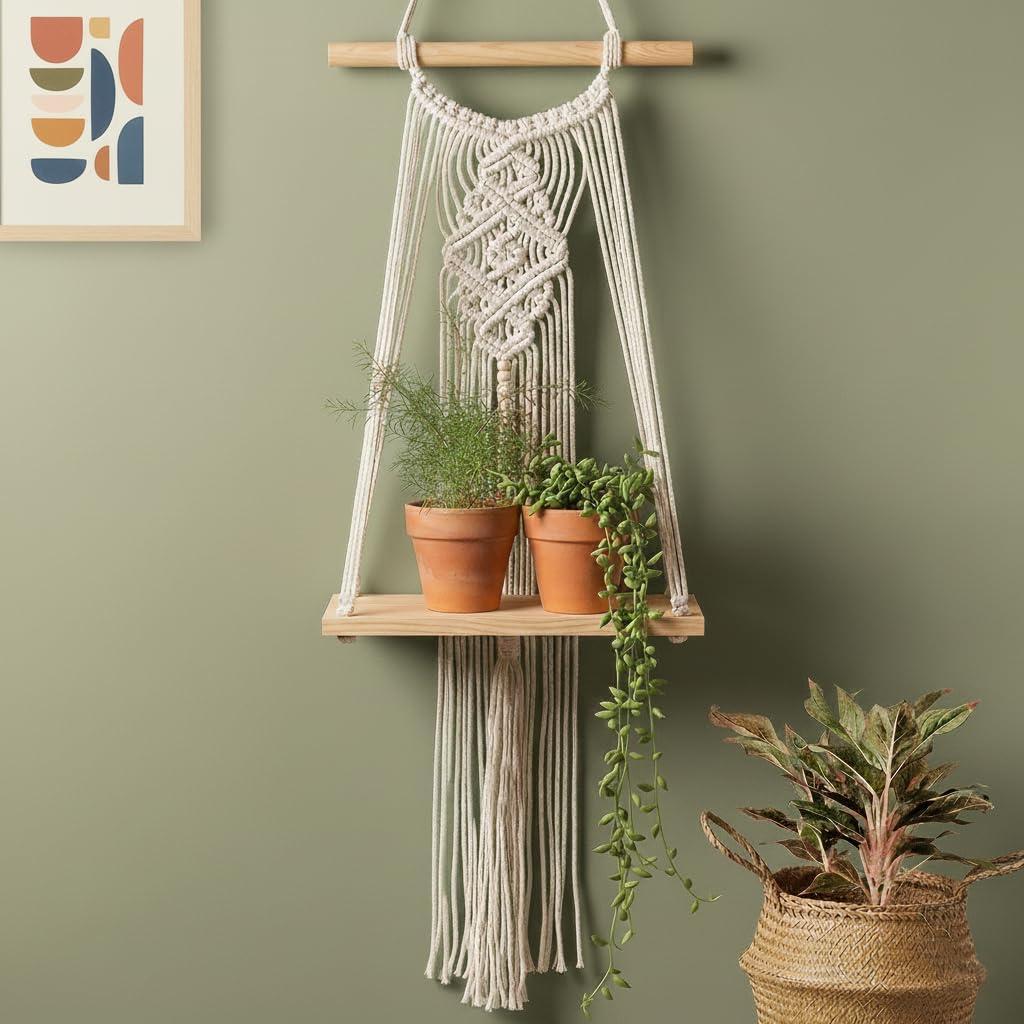 Decazone Macramé Wooden Wall Hanging Shelf Modern Chic Woven Macrame Tapestries, Wall Art Home Decor for Apartment, Dorm, Bedroom, Living Room, Nursery, Party Decorations, Beige 83 x 30cm-picture-10