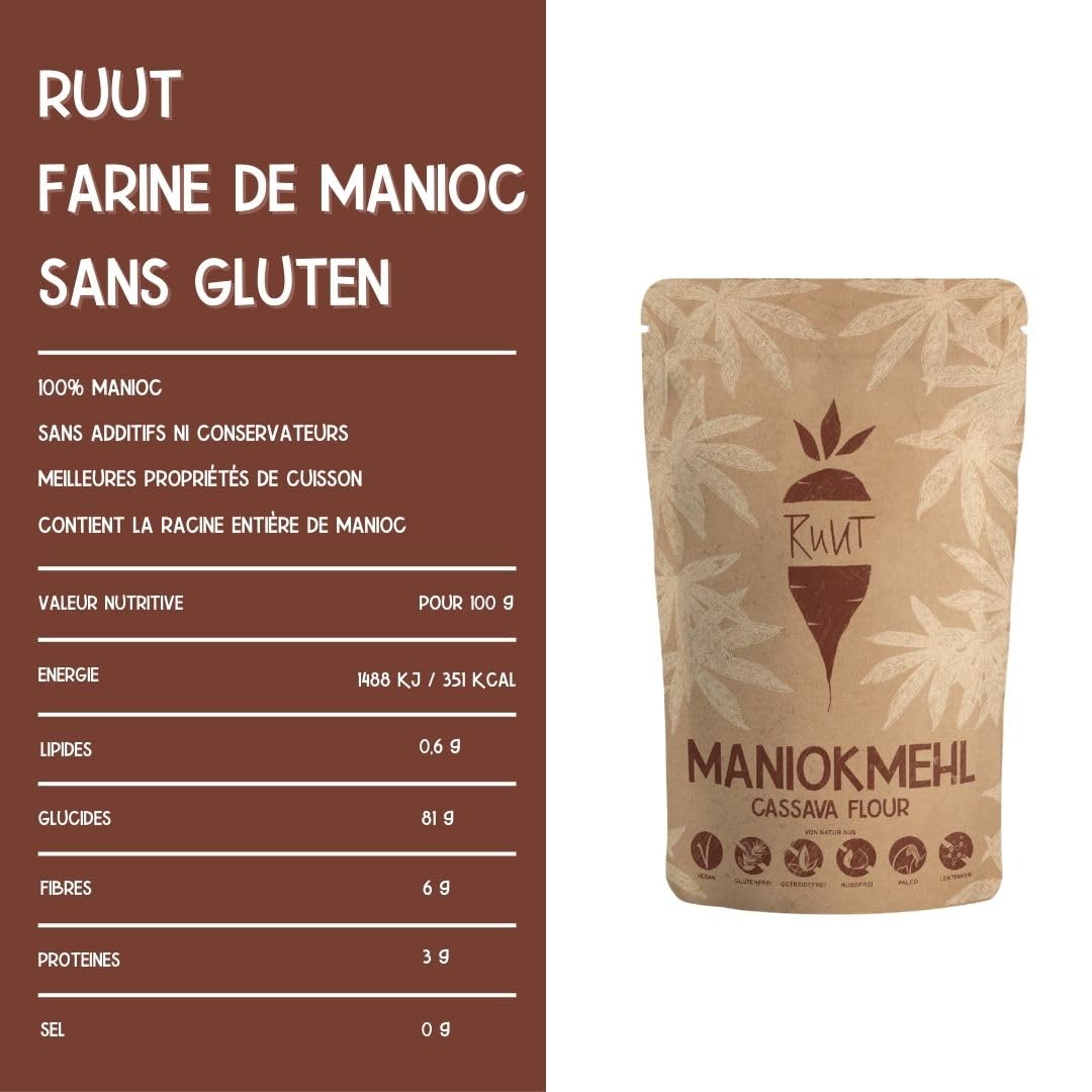 Ruut Farine de Manioc 1kilo / 100% Naturelle – Farine sans Gluten – Paléo, Végétalien – Cuisson sans Noix ni Céréales – Convient au Protocole AIP – Faible en FODMAP – Substitut farine sans Additifs