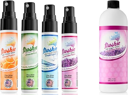 Flushie - Aerosol para preinodoro de 1 oz, mezcla surtida, paquete de 4 y 16 onzas de repuesto de lavanda