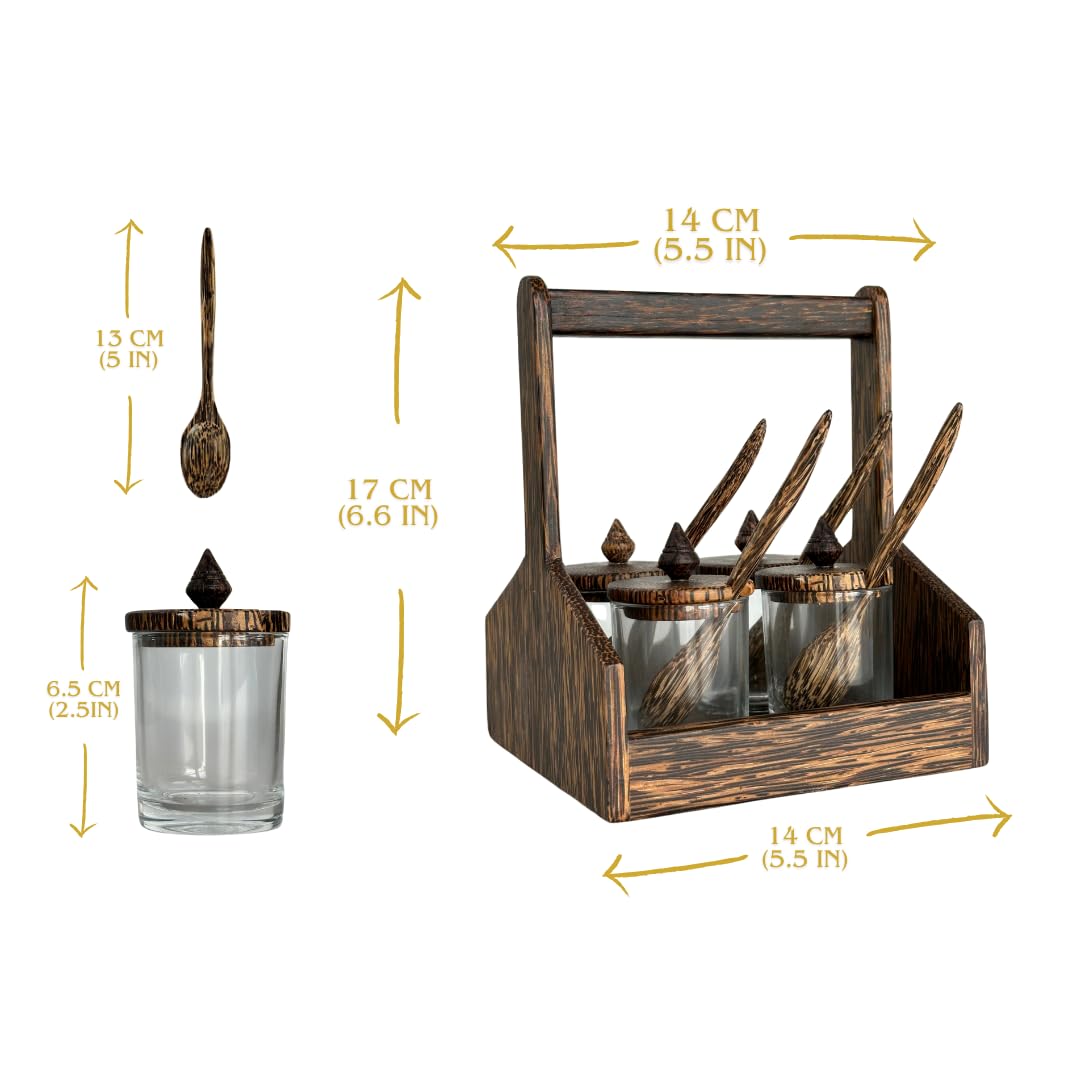 UNCLEJUM Asian Dinnerware Condiment Set, Palmwood Condiment Holder, Thai Kitchen Seasoning Storage Set, 4 Condiment Jar, and 4 Small Spoons