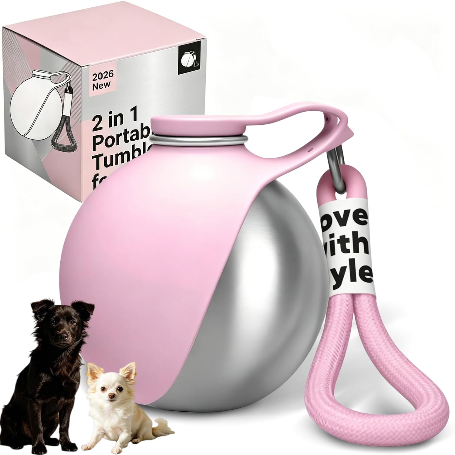 Portable Dog Water Bottle, Stainless Steel Foldable Silicone & Stainless Steel Pet Water Cup for Travel, 285ml Large Capacity for Dogs Cats Outdoor Walking Hiking (pink)