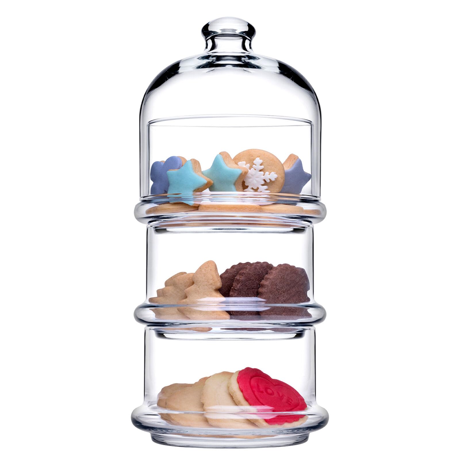Queensway Home & Dining 3-Tier Glass Cookie Jar with Dome Lid - Elegant Stackable Display for Cupcakes, Sweets, Nuts and Treats - Durable Clear Glass Container - Space-Saving Design, 26cm Tall