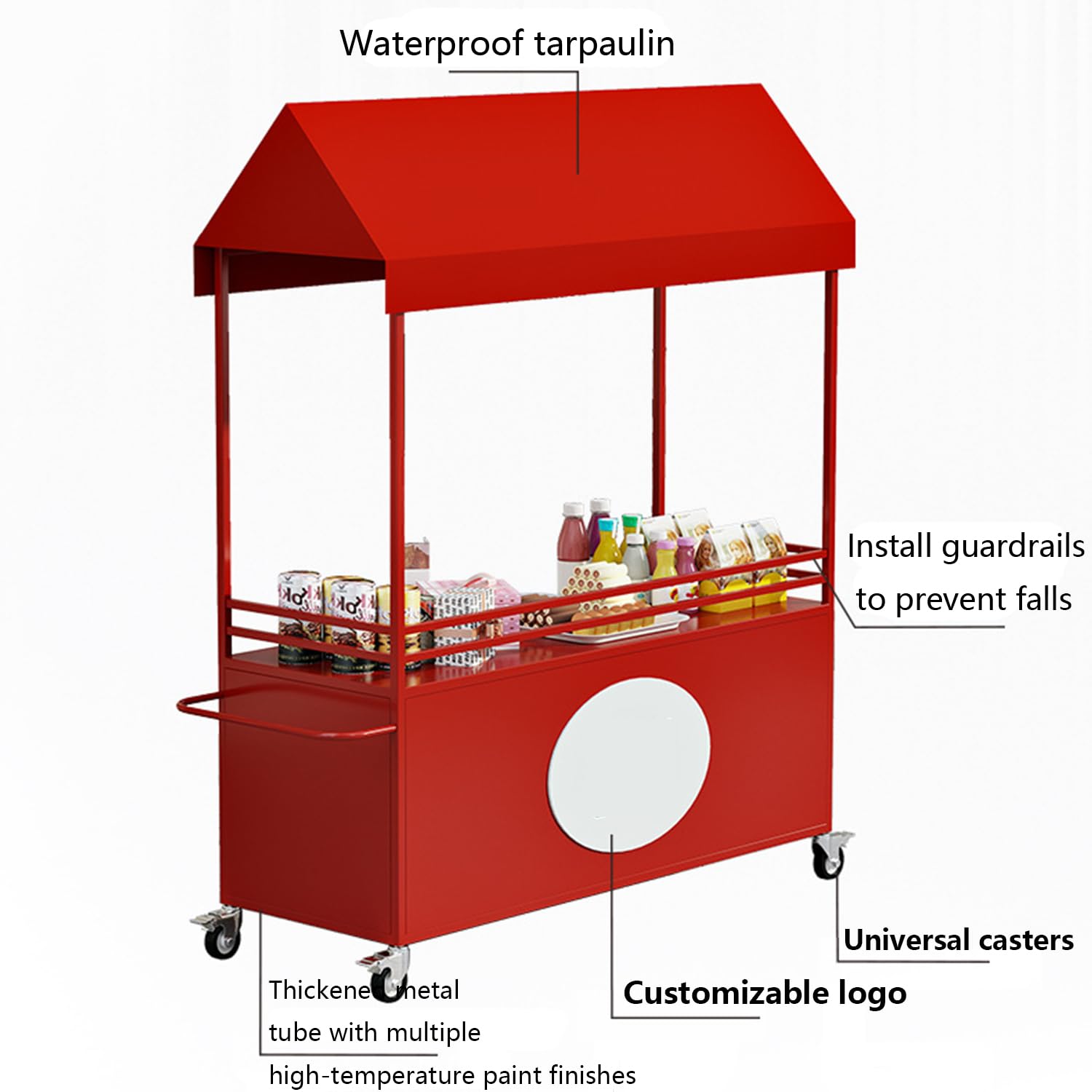 Carrello portavivande con tettoia resistente alle intemperie, chiosco venditore ambulante per catering, feste, mercati, piccole imprese, uso esterno (200 cm, giallo)