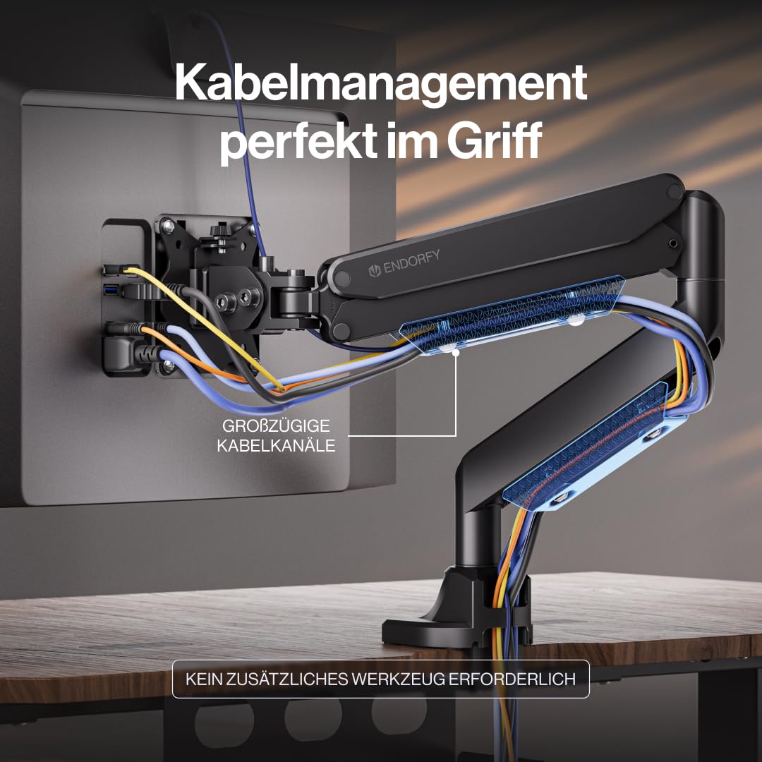 ENDORFY Atlas GS Pro Single, Profesjonalne Gazowe Ramię do Monitora 13-49", Udźwig do 16 kg, Wzmocniony Uchwyt Biurkowy VESA 75/100, Funkcja Pivot 180°, System Zarządzania Kablami
