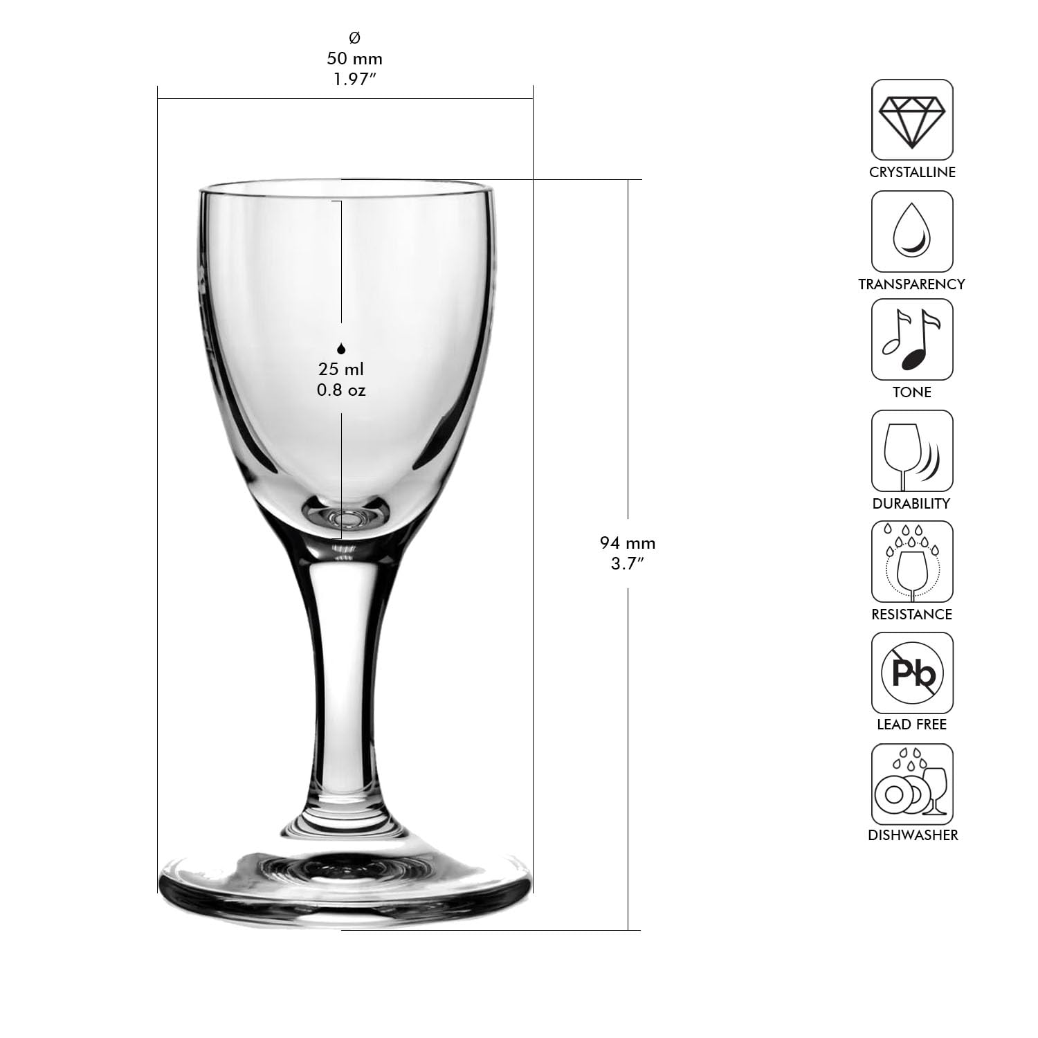 KROSNO Kieliszki do Wódki na Nóżce Prima-Lumi, Komplet 6 x 25 ml | Szkło Kryształowe Bezołowiowe, odporne na zarysowania, do nalewek i likierów, zmywarka, smukła nóżka