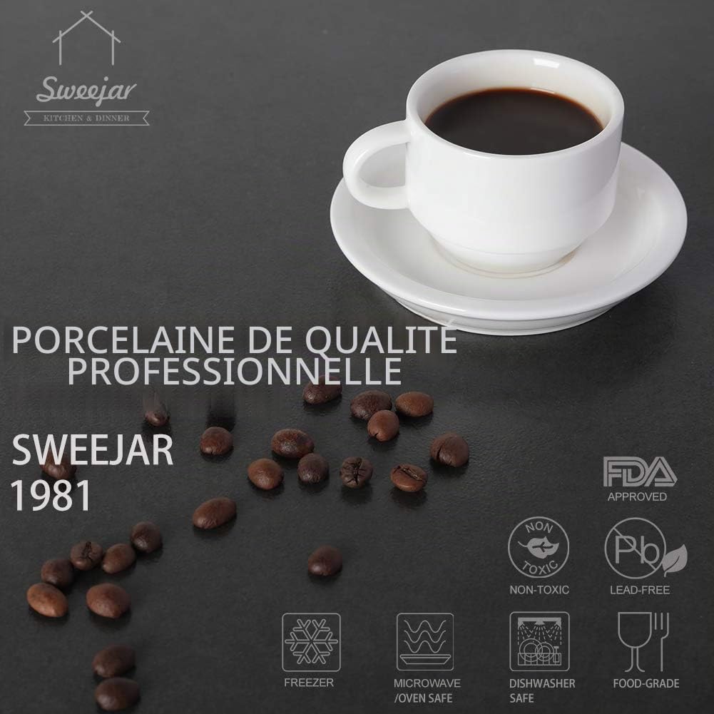 Sweejar Home Lot de 6 tasses à expresso et soucoupes en porcelaine empilables avec support en métal, 70 ML pour lait, café, café, moka, thé, lot de 6 blanc
