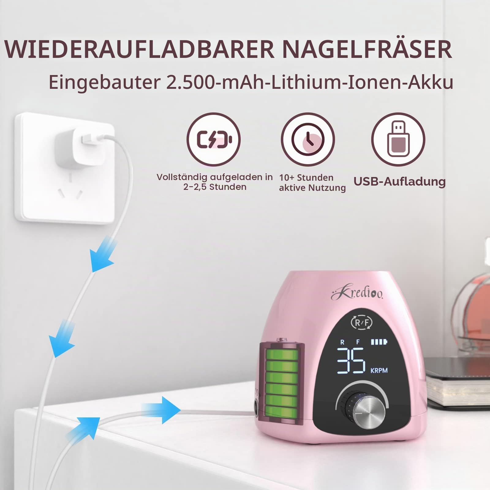 Nagelfräser für Gelnägel Aufladbare Elektrische Nagelfeile 35000 U/min Fräser mit LED Display & Fußpedal und 6 in 1 Bit USB Maniküre Pediküreset Elektrisch für Salon und Anfänger