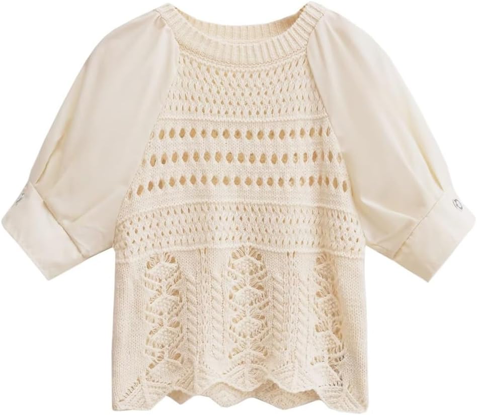 Autumn Women's Spliced Sleeves Hollowed Out Ornaments Short T-Shirt Knitwear Women