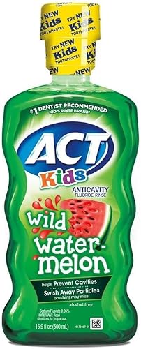 ACT Kids - Enjuague bucal anticaries con flúor para niños, sandía salvaje, 16.9 onzas cada uno, paquete de 5