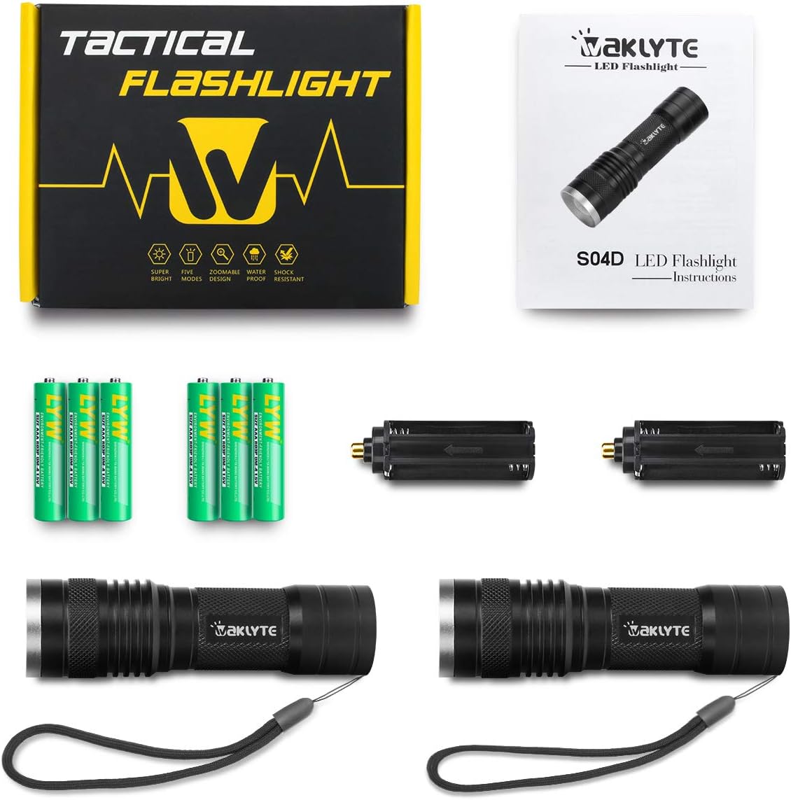 2 Pack Tactical Torch, S04D LED Torch, High Lumen, Super Bright, Military Grade Handheld Flashlight for Hiking, Camping, Travel, Emergency and EDC (Battery Included)