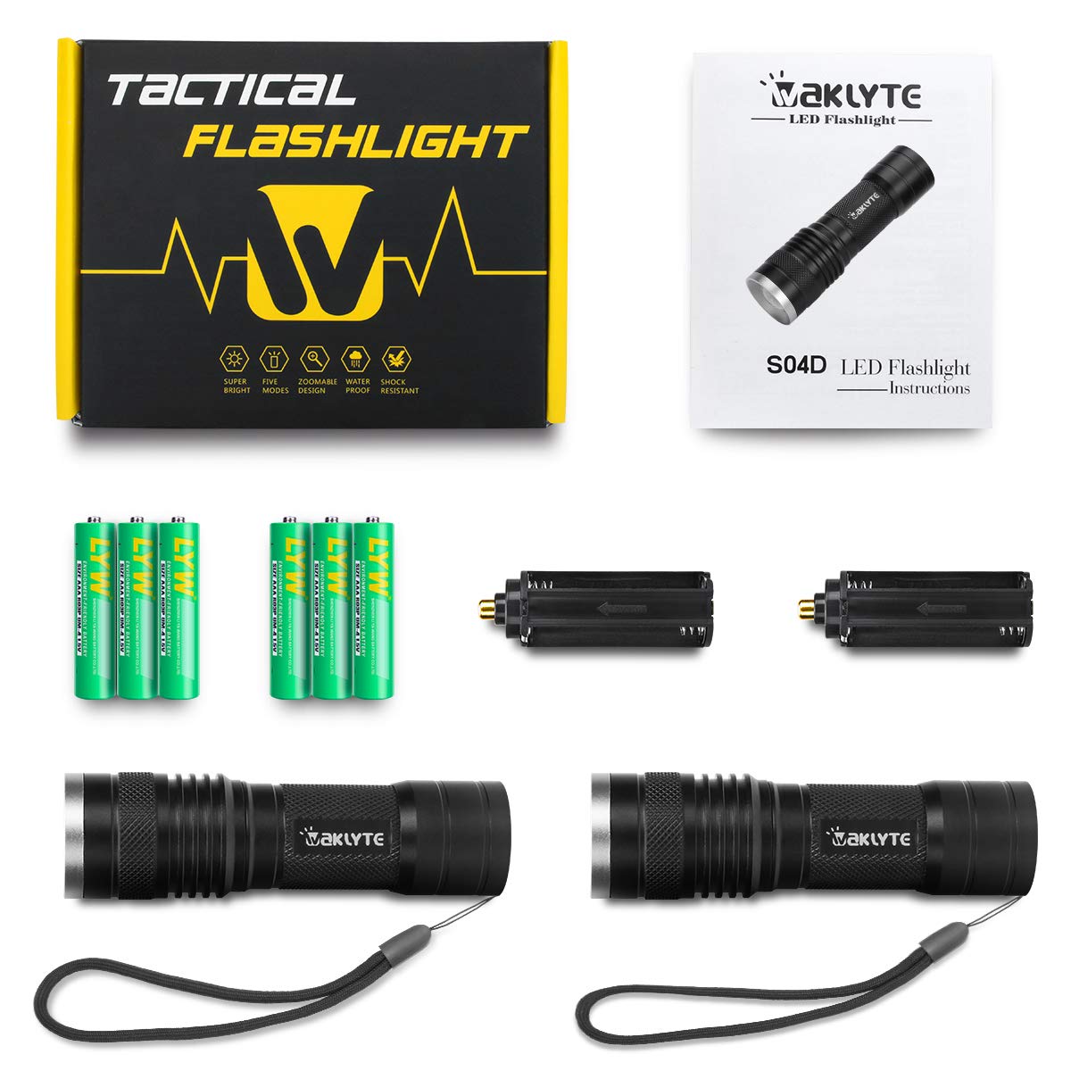 2 Pack Tactical Torch, S04D LED Torch, High Lumen, Super Bright, Military Grade Handheld Flashlight for Hiking, Camping, Travel, Emergency and EDC (Battery Included)
