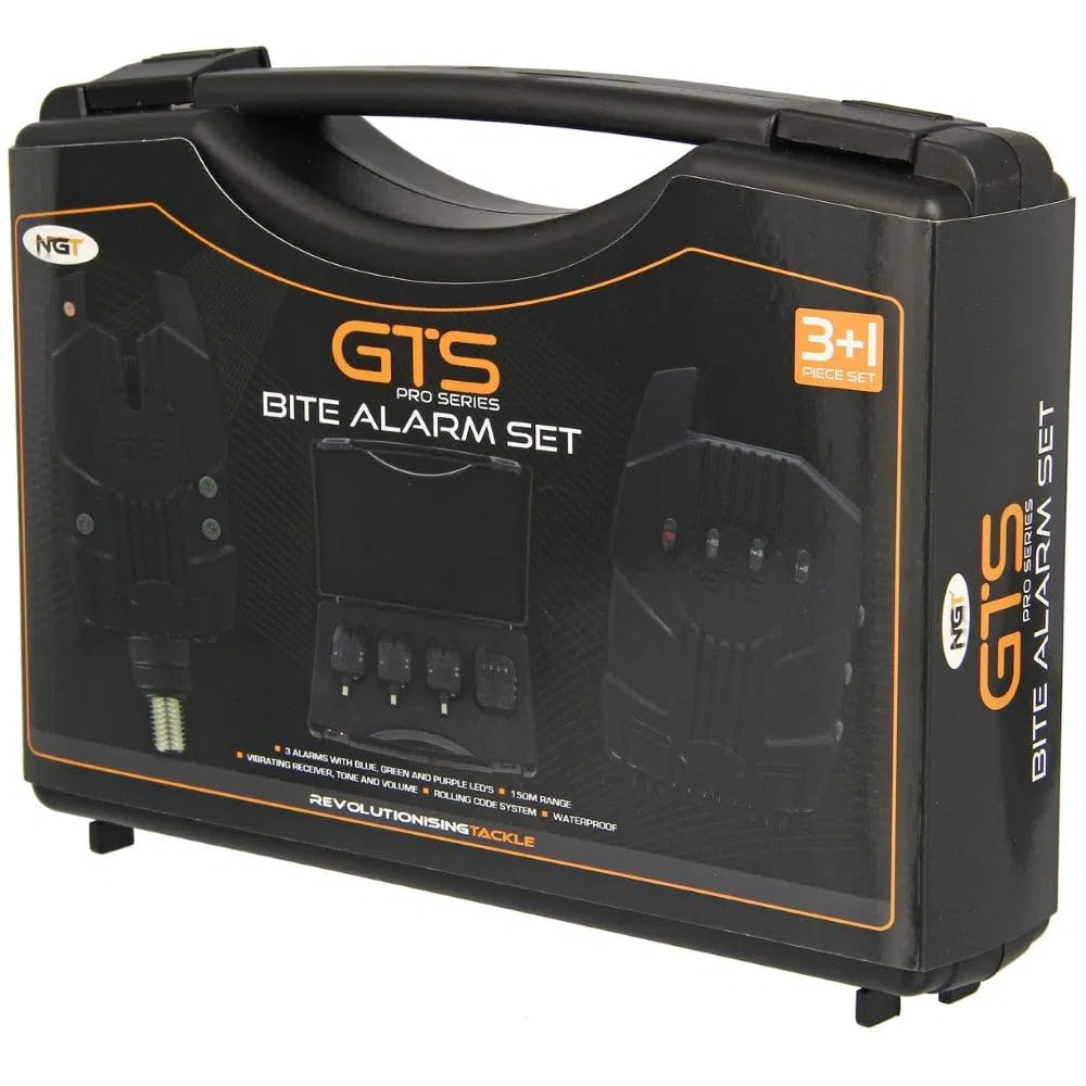 NGT GTS Pro Lot de 3 détecteurs de touche sans fil avec récepteur – Sensibilité, volume et tonalité réglables – Indicateurs LED, fonction mémoire, construction étanche – Matériel de pêche à la carpe