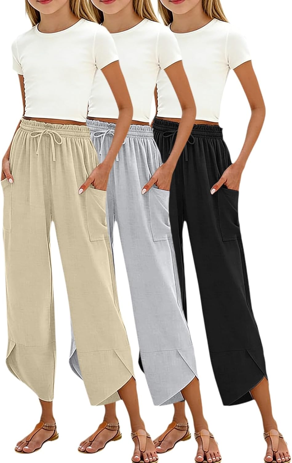 Girls Linen Pants 3 Pack Wide Leg Palazzo Capri Pants Kids Elastic Waist Baggy Casual Beach Trousers with Drawstring