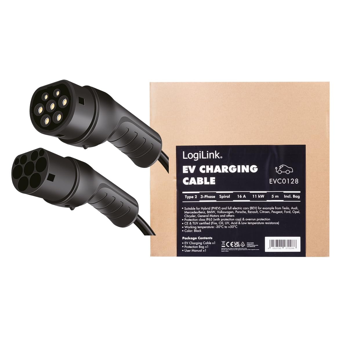 LogiLink Kabel do ładowania samochodu typu 2, 3-fazowy, spiralny, 20 A, 11 kW, z torbą, 5 m