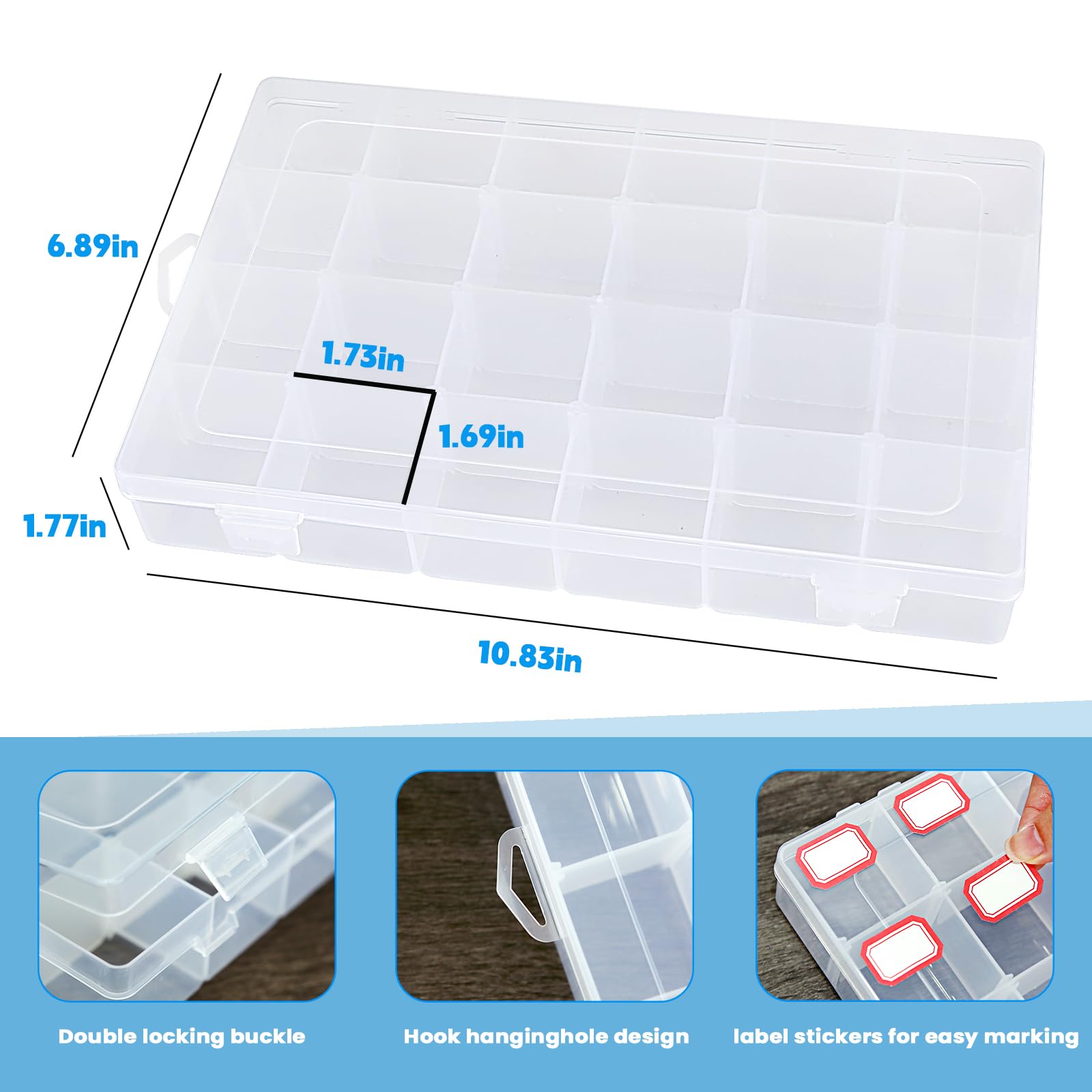Confezione da 4 scatole organizer per perline in plastica trasparente con divisori regolabili, contenitore per perline con etichette, scatola per bottoni, organizer per artigianato