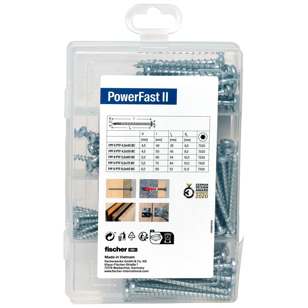 fischer Meister-Box PowerFast II Spanplattenschraube, vorsortierte Sortimentsbox mit 110 blauverzinkten Schrauben, PanHead, TX-Antrieb und Vollgewinde, universelles Set zur Befestigung