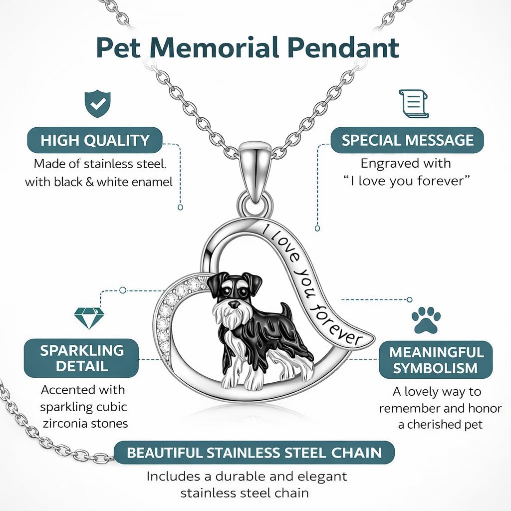 SUPAC Schnauzer Dog Heart Pendant Necklace, Stainless Steel, Crystal Accent, I Love You Forever, 19.7 inch Chain