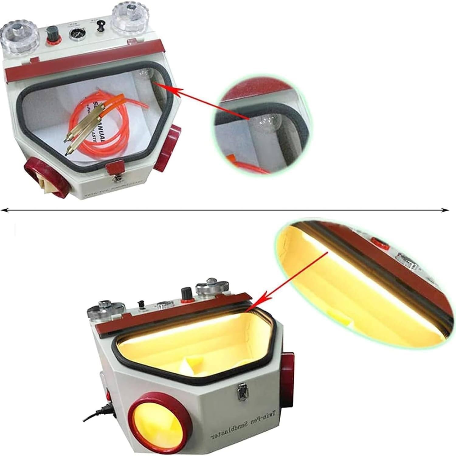 Sandstrahler für Zahntechniklabor, mit Fußsteuerung, 2 Stifte + 2 Tanks, Sandstrahlmaschine für Zahntechnik-Labor, LED-Licht und großes Sichtfenster.