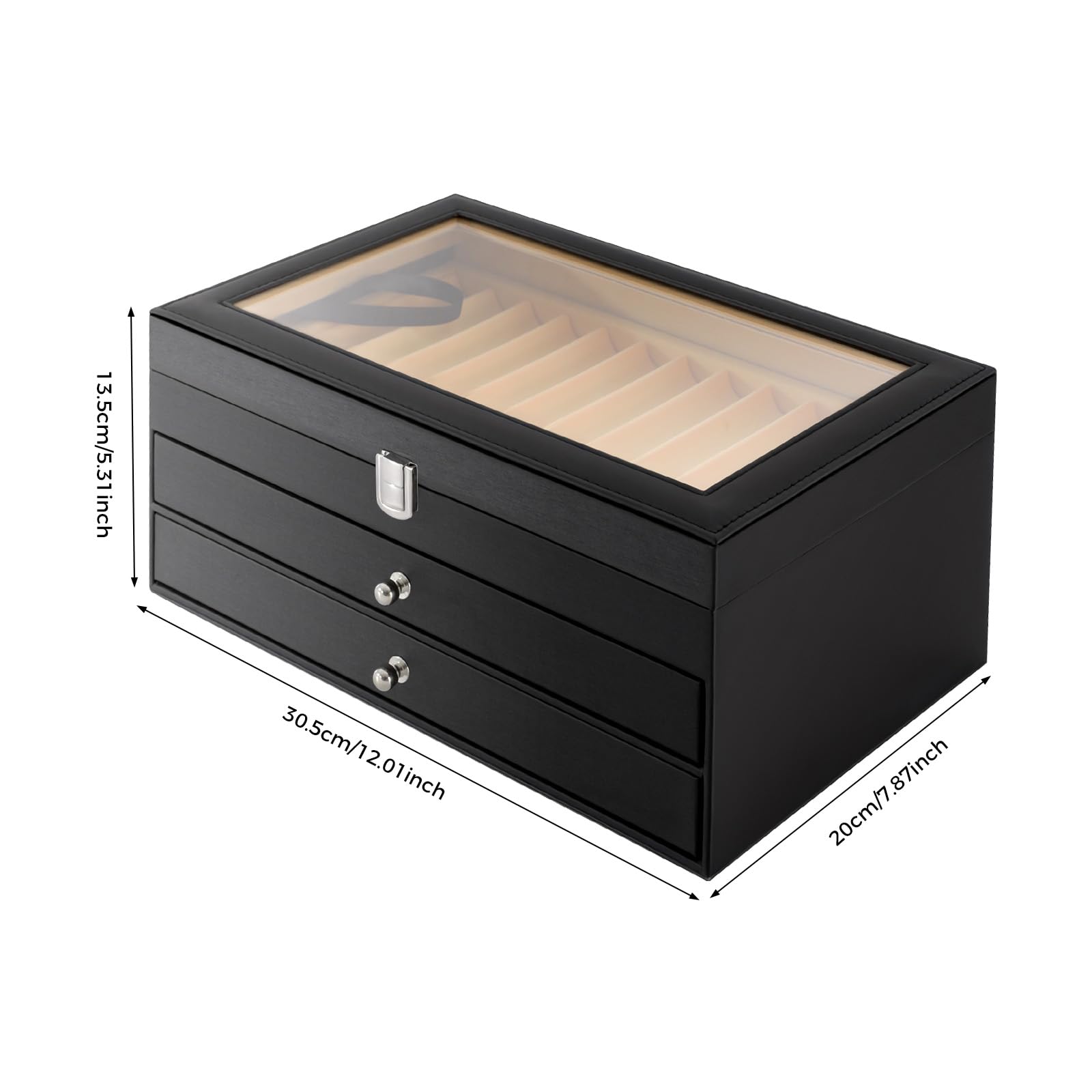 Scatola portapenne a 3 ripiani con vetrina, per 36 strumenti di scrittura, organizer con finestra in vetro, per penna stilografica, nero, 30,5 x 20 x 13,5 cm