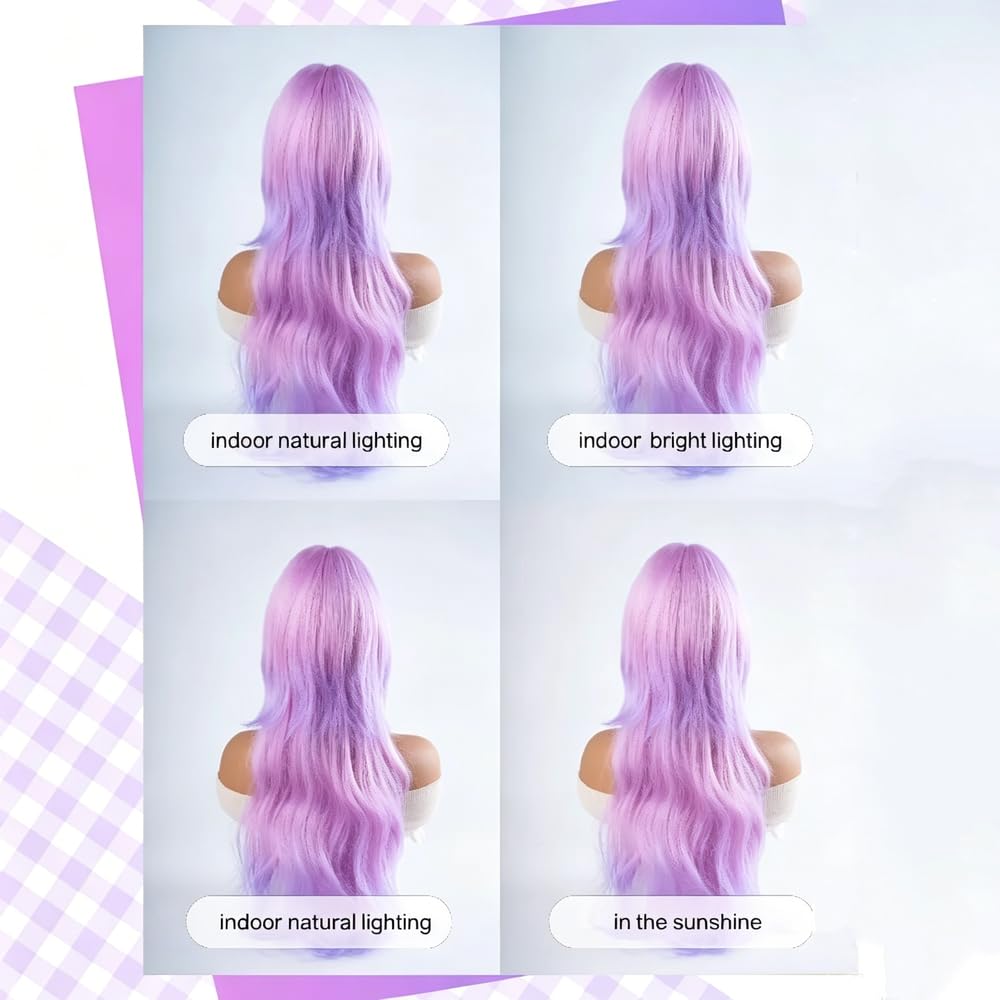 Haarpflege 28 Zoll Verträumter Stil Rosa Lila Farbverlauf Perücken Mit Pony Lange Natürliche Gewellte Haarperücke Für Frauen Cosplay Hitzebeständig